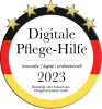 Rundes Siegel „Digitale Pflege-Hilfe 2023“ mit Sternen und Farben der Deutschlandflagge als Auszeichnung im Pflegebereich